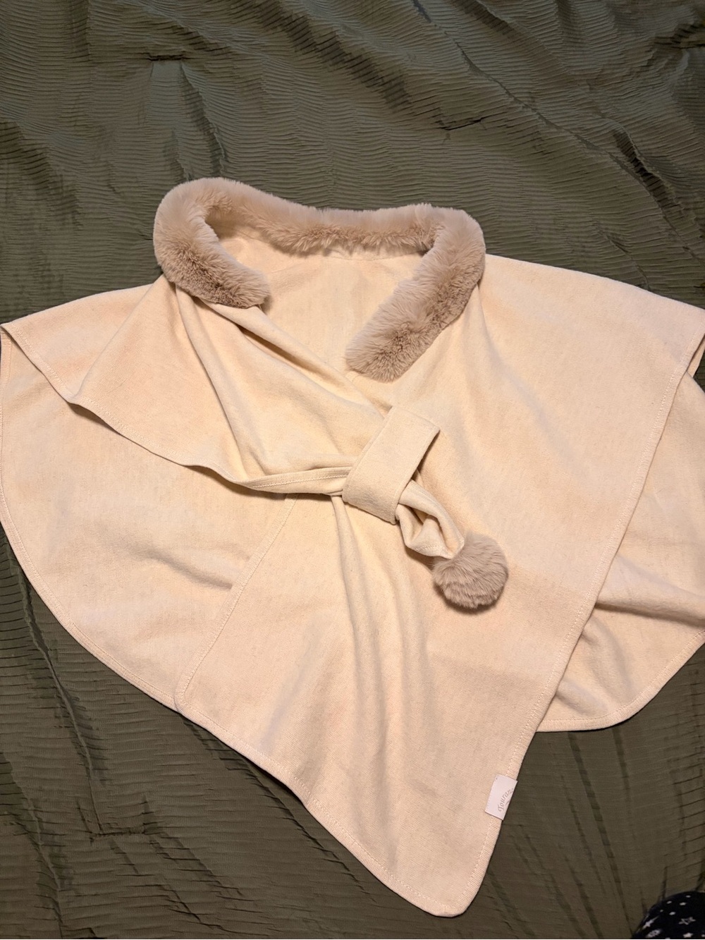 Tourneau Cream Faux Fur Trim Poncho Cape